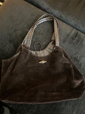 Moda International Brown Corduroy Shoulder Tote with Stitched Leather Handles
